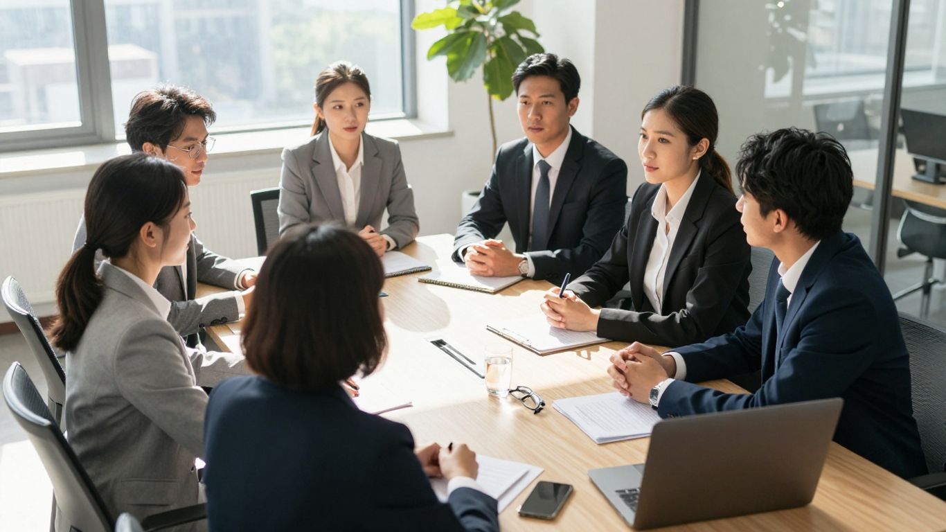 Business team collaborating in a bright, modern office setting.