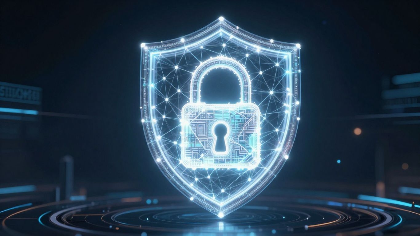 Digital shield protecting a glowing padlock.