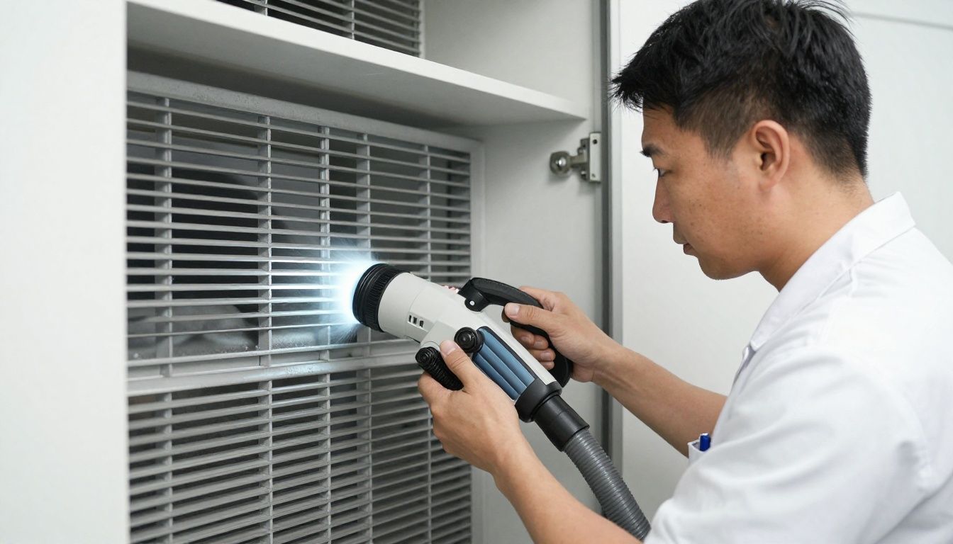 A professional technician demonstrating thorough dryer vent cleaning with advanced, high-reach vacuum technology