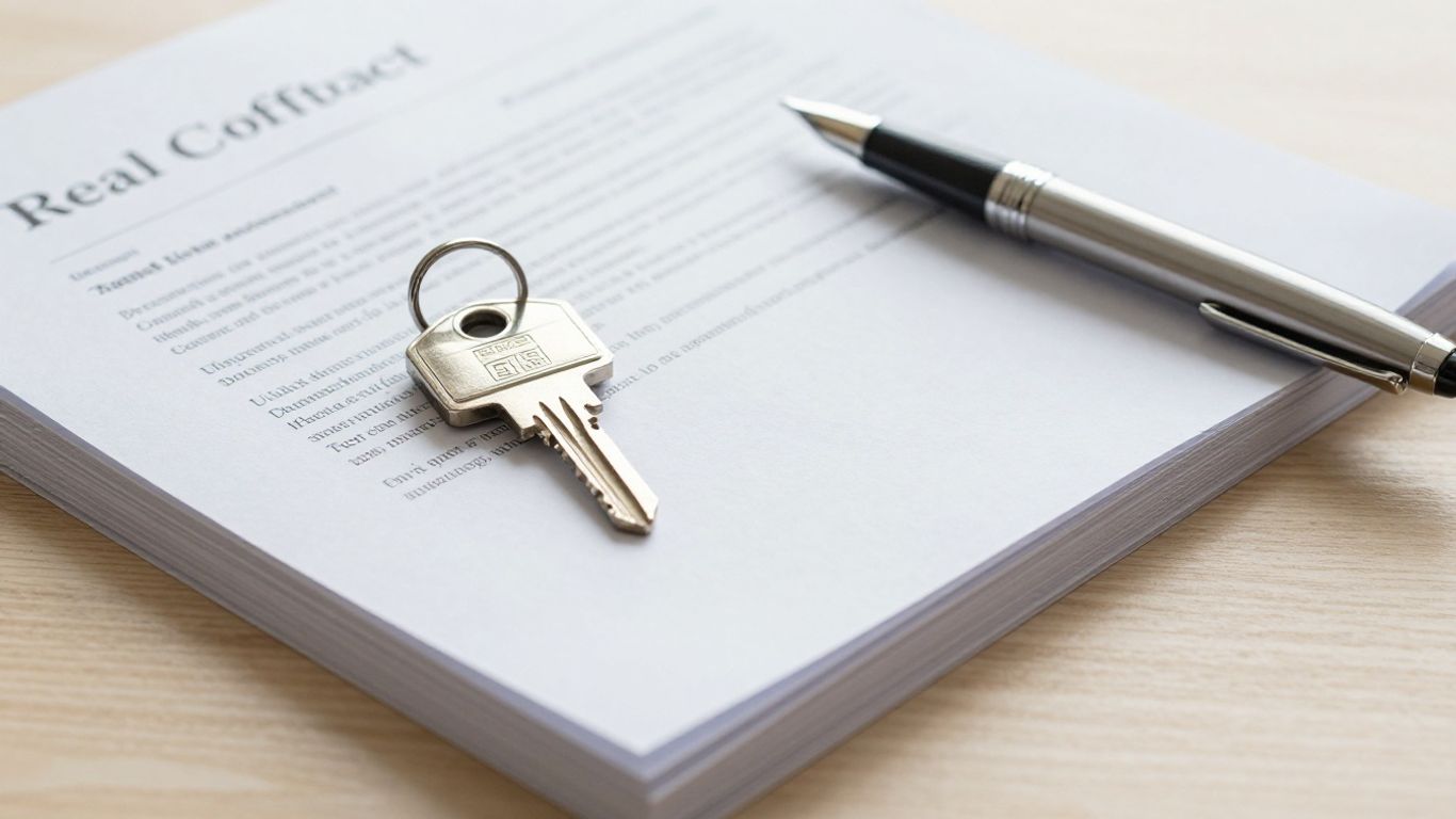 Contract documents on a desk with a house key