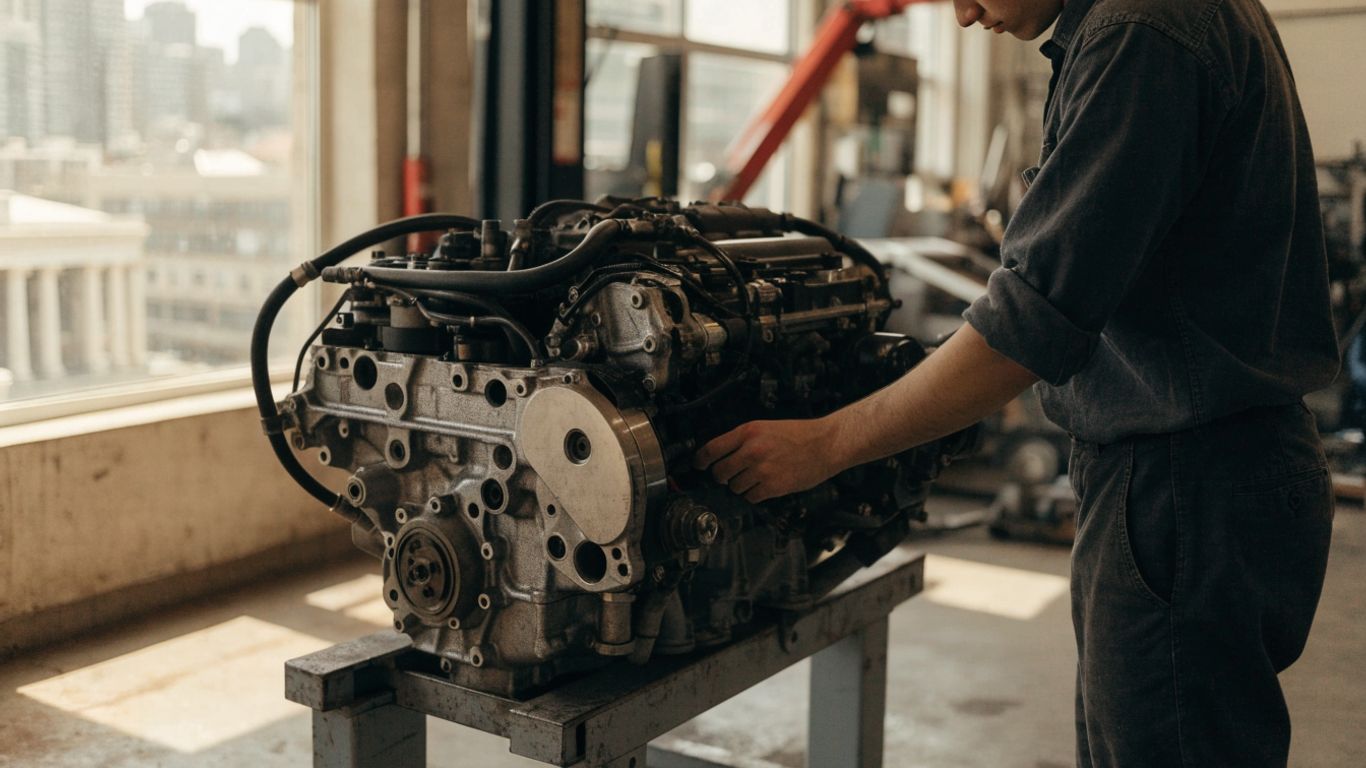 Used engine assembly beside a mechanic’s workbench