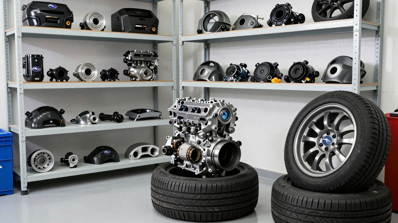 Subaru car parts in a Brisbane garage.