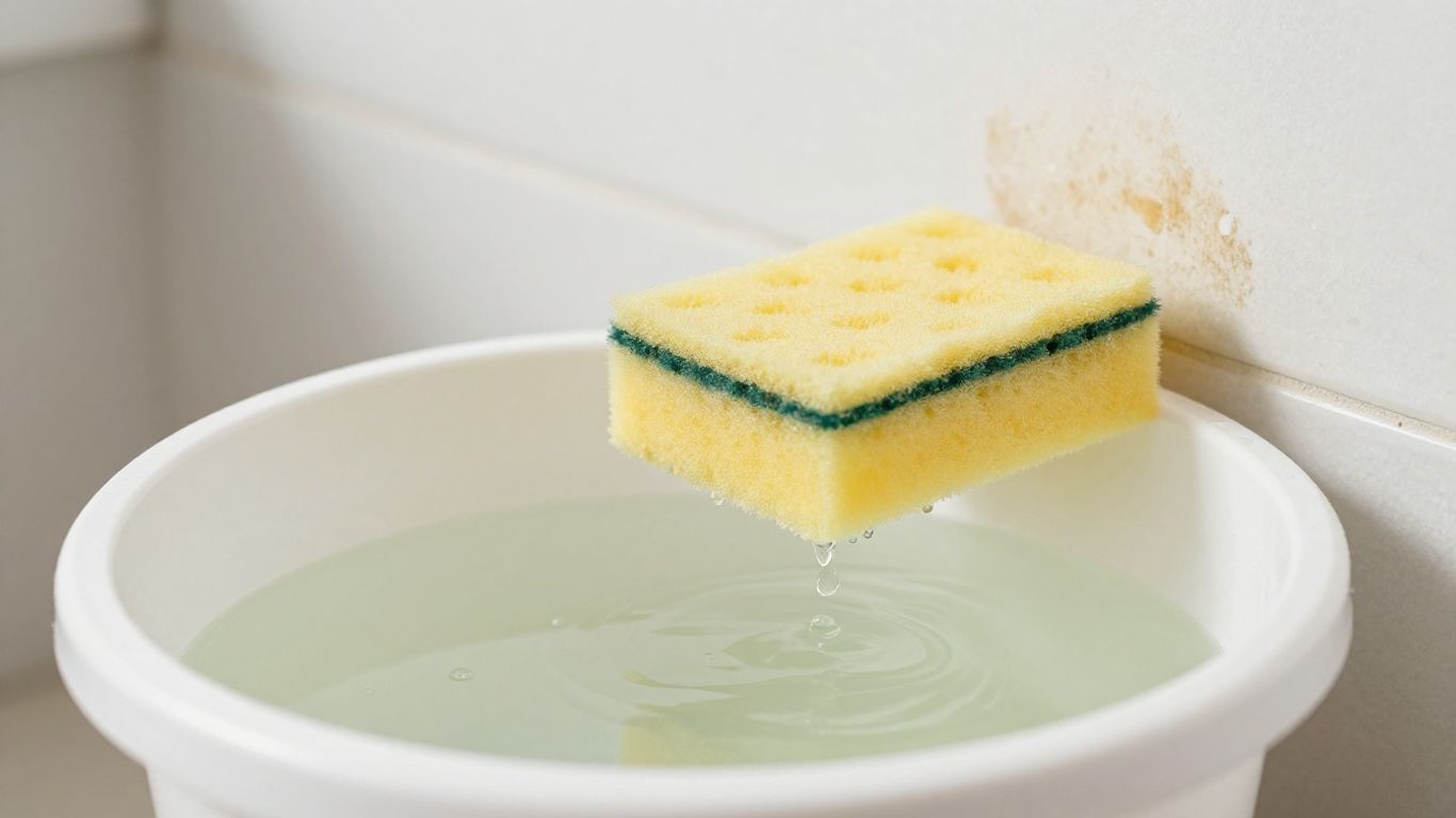 Sponge with bleach solution cleaning smoke-stained wall.