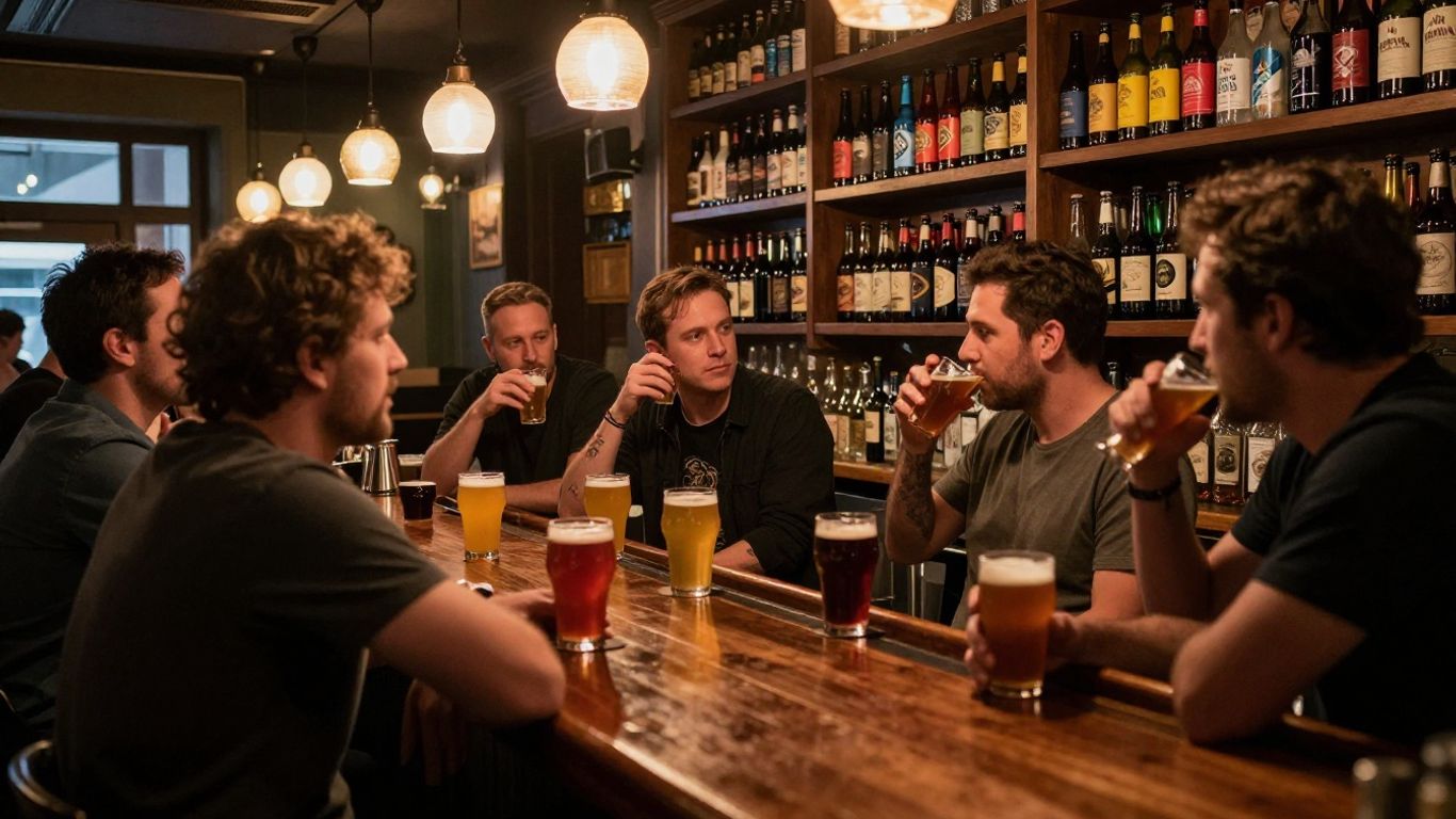 Cozy craft beer bar interior with many bottles.