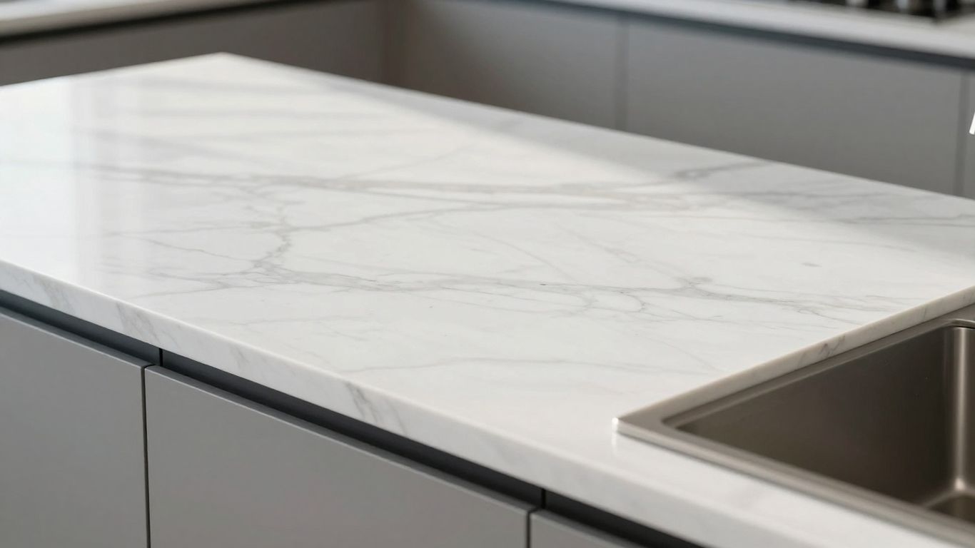 Elegant white marble kitchen worktop with grey veining.