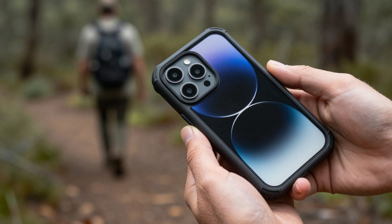 Close-up of someone's hands holding an iPhone 14 Pro Max with a rugged, textured case, with a blurred background of an Australian hiking trail.