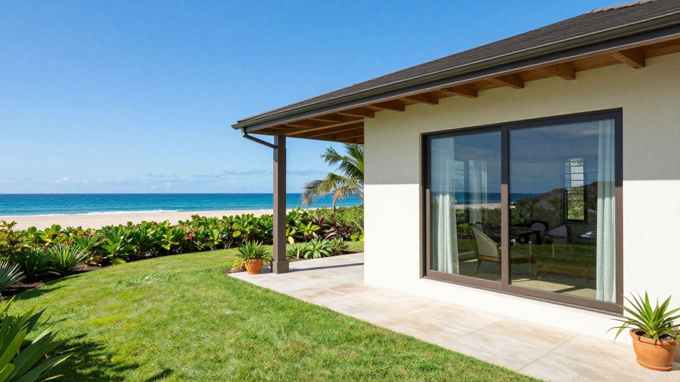 Casa de vacaciones soleada con playa y mar.