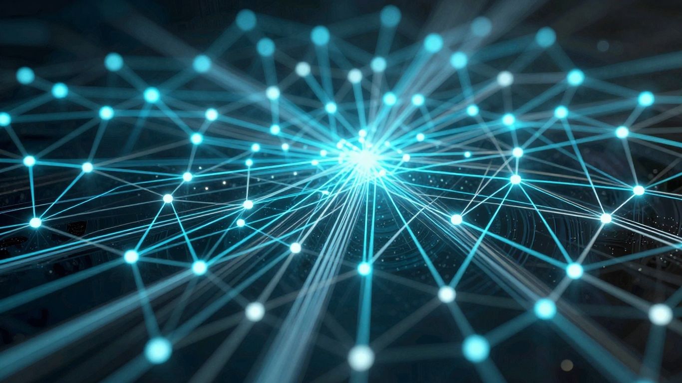 Digital blockchain network with glowing nodes and data flow.