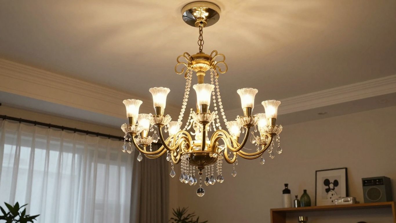 Stylish IKEA chandelier illuminating a bright living room.