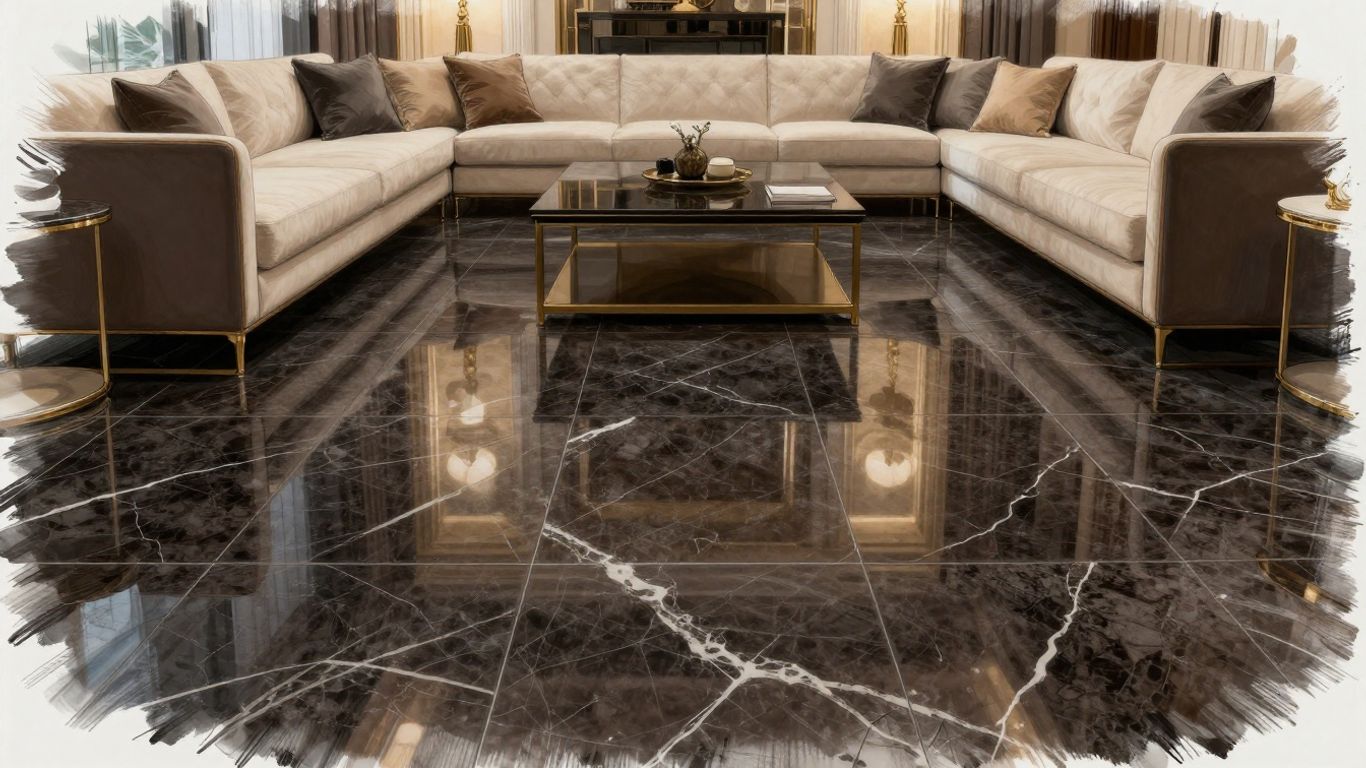 Dark marble floor tiles in a luxurious room sketch.