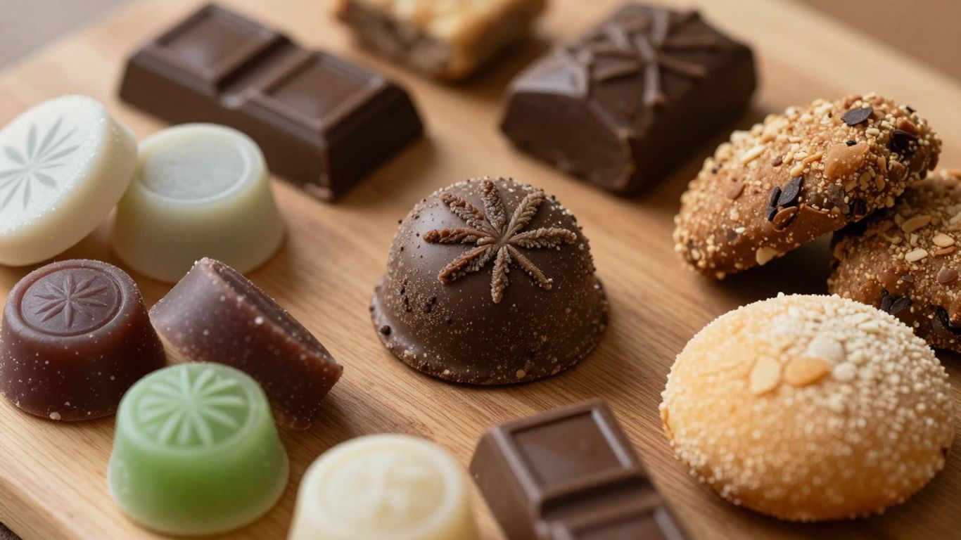 Assortment of cannabis edibles like gummies and chocolates.