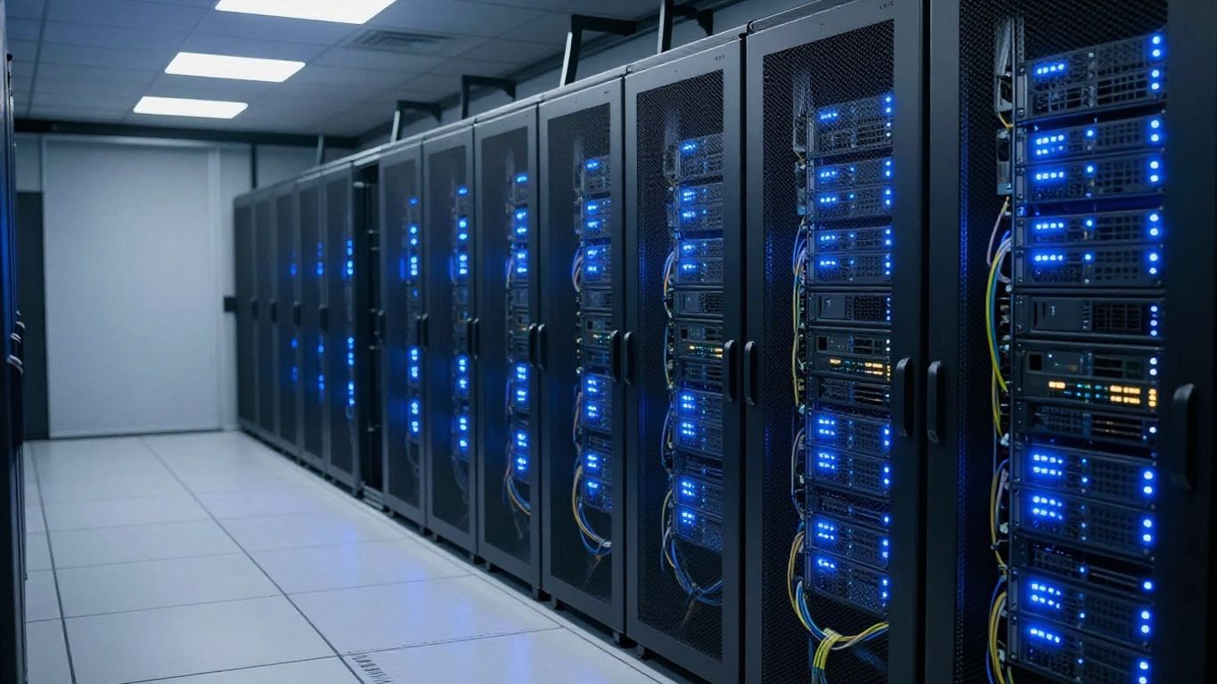 Servidores y cables de red en sala de servidores.