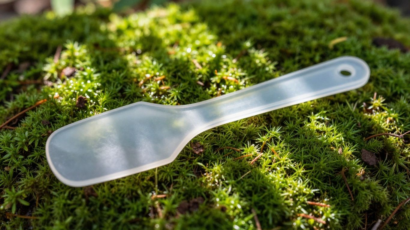 Silicone spatula on green moss with dappled sunlight.