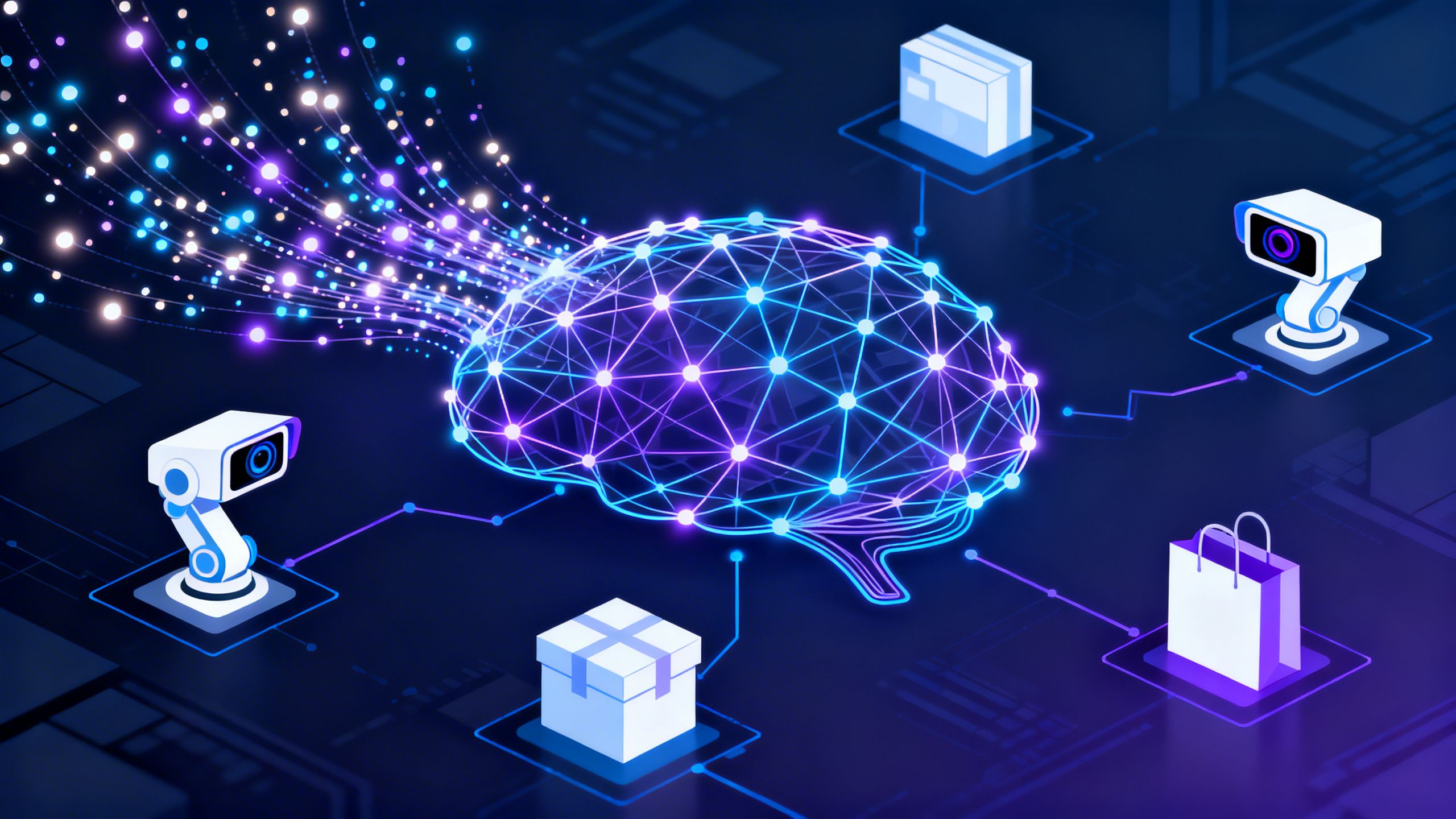 An abstract visualization of a neural network with data points flowing into it, representing the AI brain behind eCommerce robotic automation, with icons for cameras, sensors, and products.