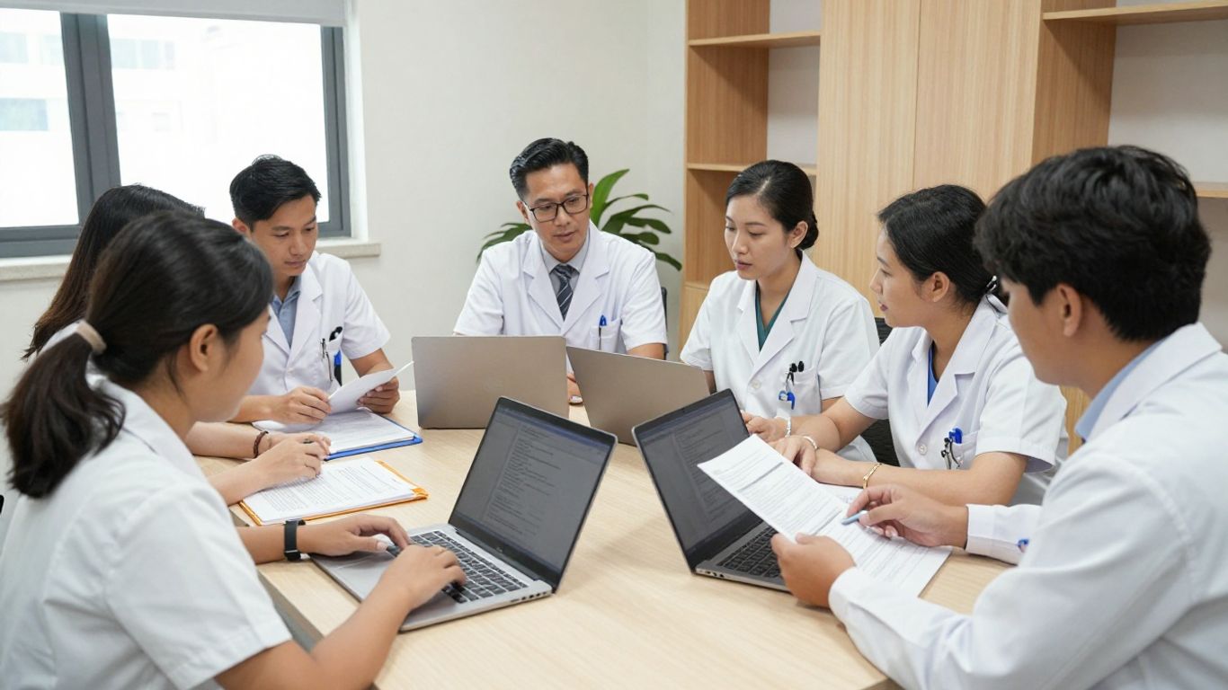 Doctors discussing a referral pathway in Singapore