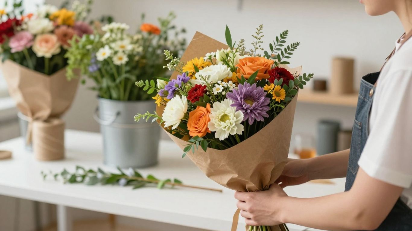Florist preparing a hand-tied bouquet for delivery