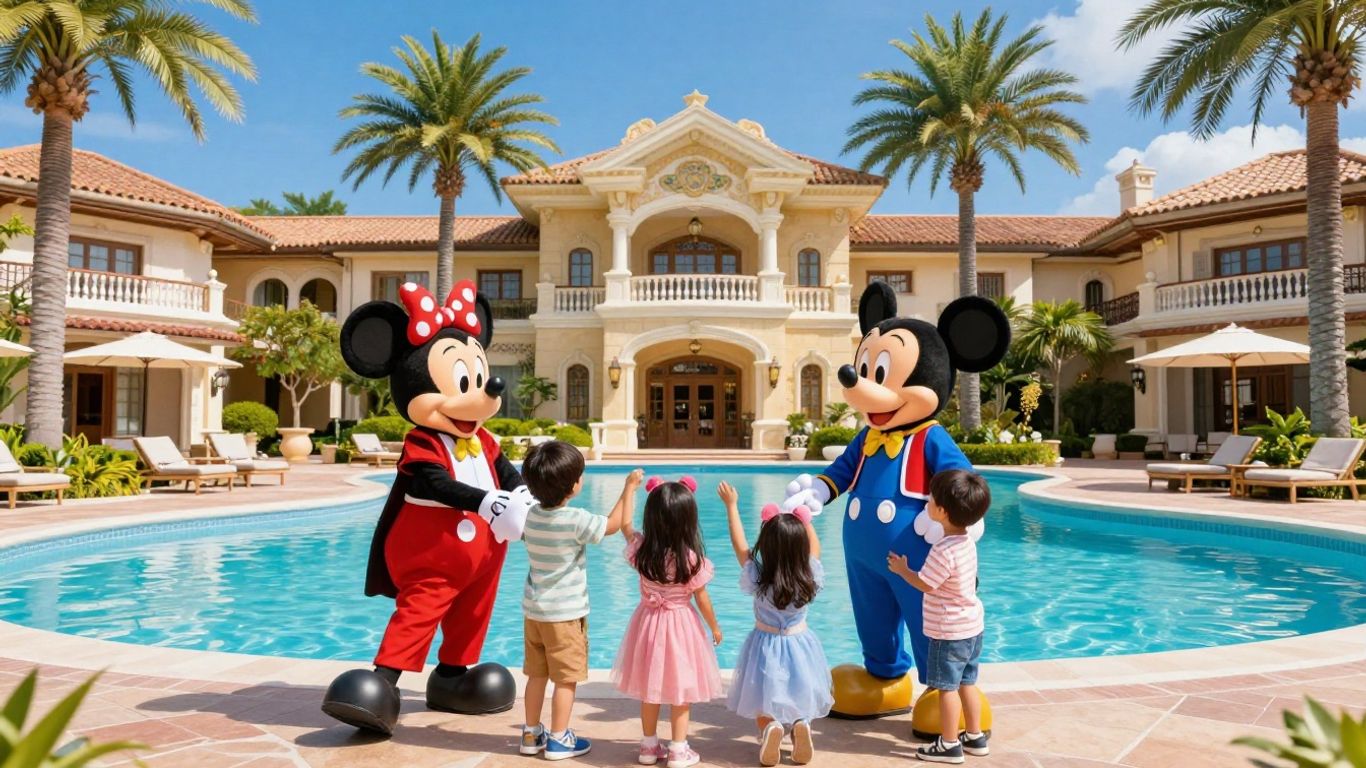 Family with Disney characters at a resort.
