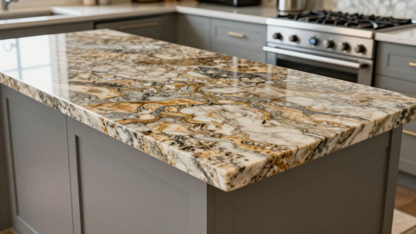 Kitchen island with a polished granite countertop.