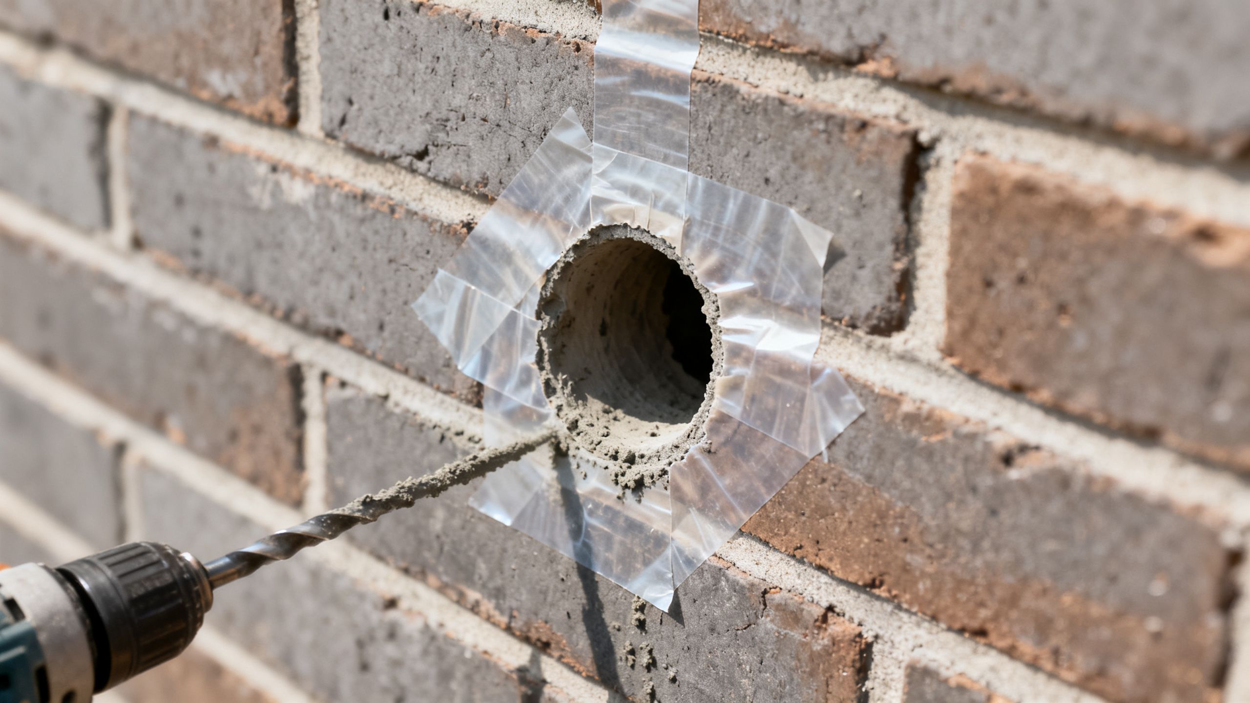 A tidy finished core hole in a brick wall after drilling, with the surrounding area protected and slurry cleared