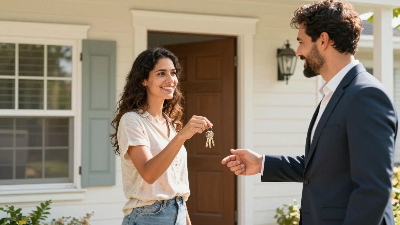 Couple with keys and mortgage broker outside new home.