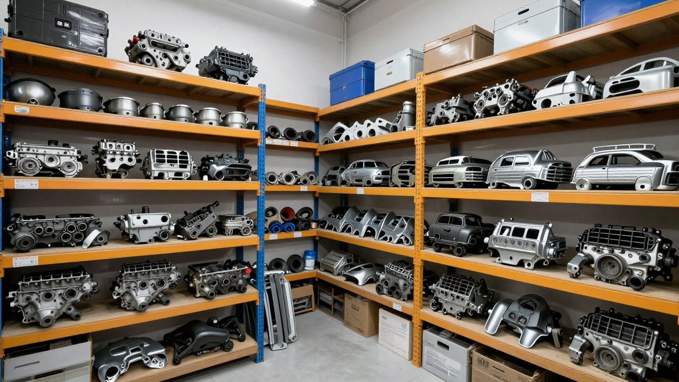 Salvaged parts stored in a clean warehouse