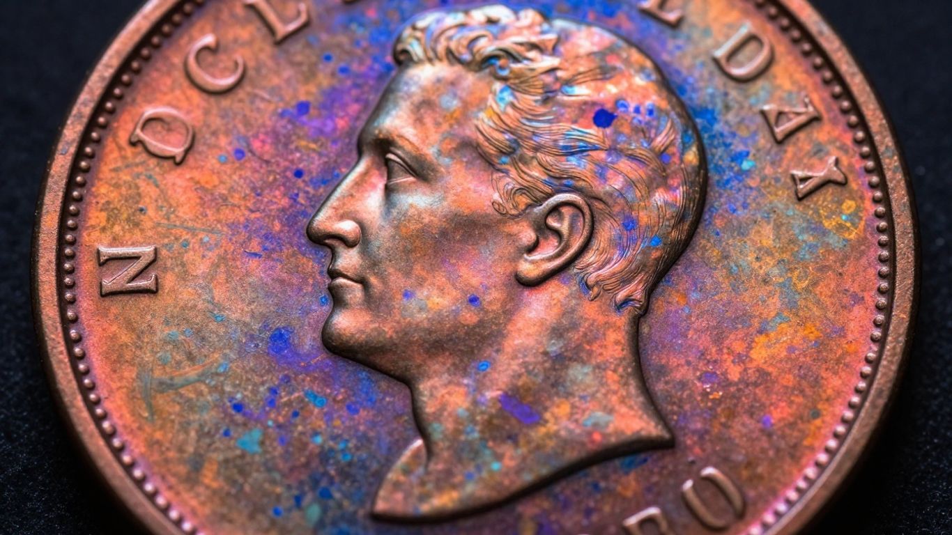 Close-up of a toned coin with colorful patina.