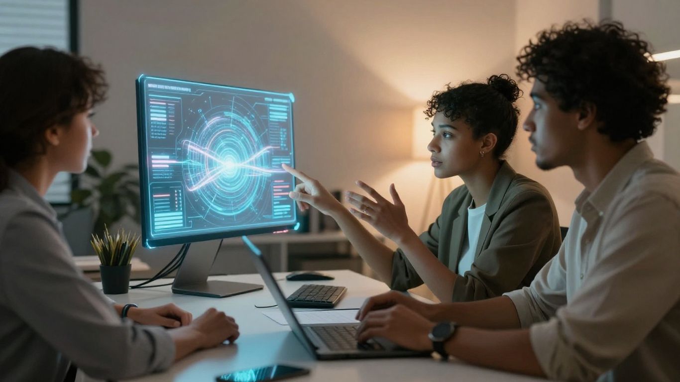 Équipe travaillant avec un assistant IA pour la gestion client