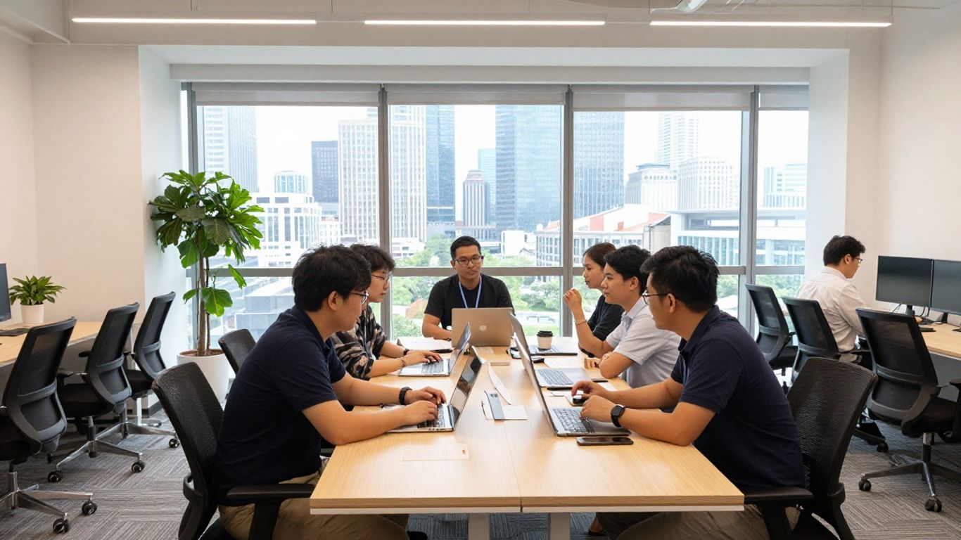 SEO agency office with team collaborating and city view