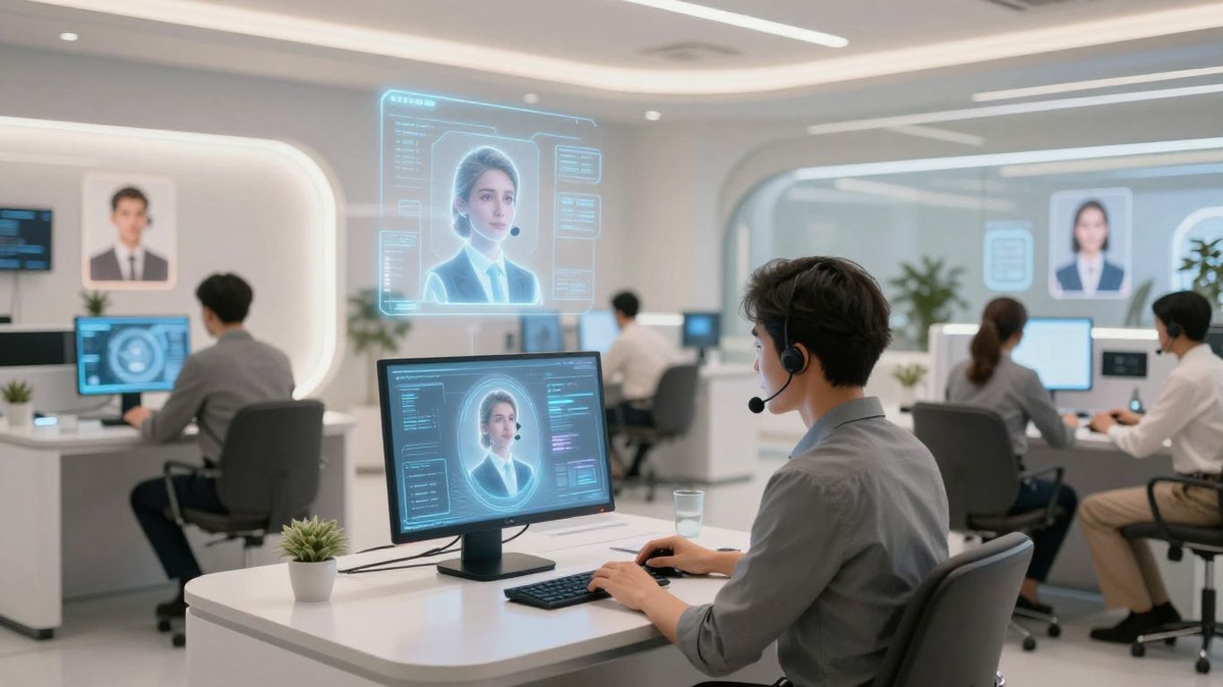 Futuristic call center with holographic displays and diverse agents.