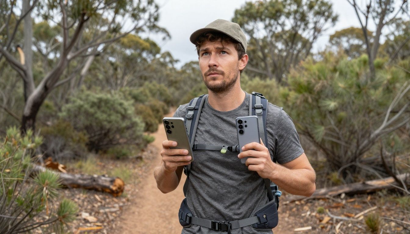A person confidently using their Galaxy S26 Ultra in a rugged case while hiking on an Australian bush trail.