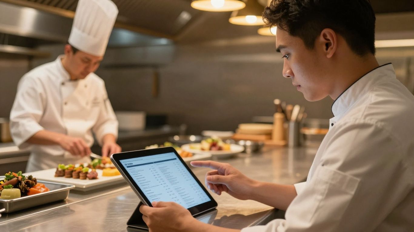 Cuisine moderne avec chef consultant et technologie.