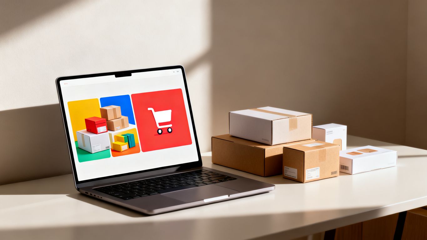 Laptop with product images and packaging for online store