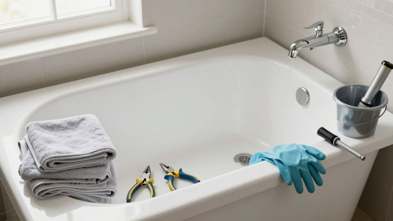 Tools and towels beside a bathtub drain