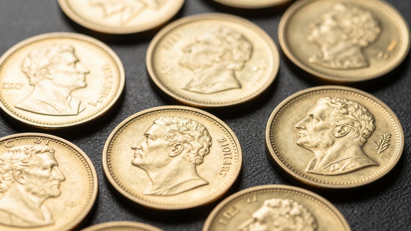 Pièces d'or anciennes et modernes, gros plan, brillance métallique.