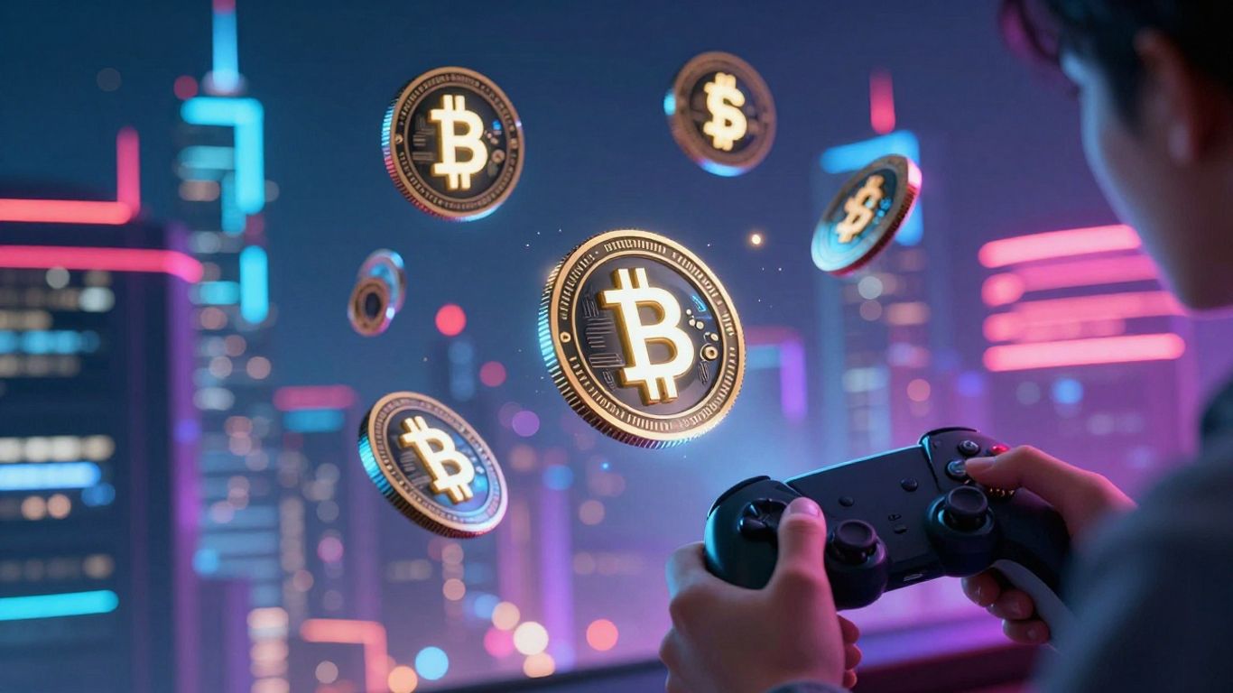 Crypto gaming coins and futuristic cityscape