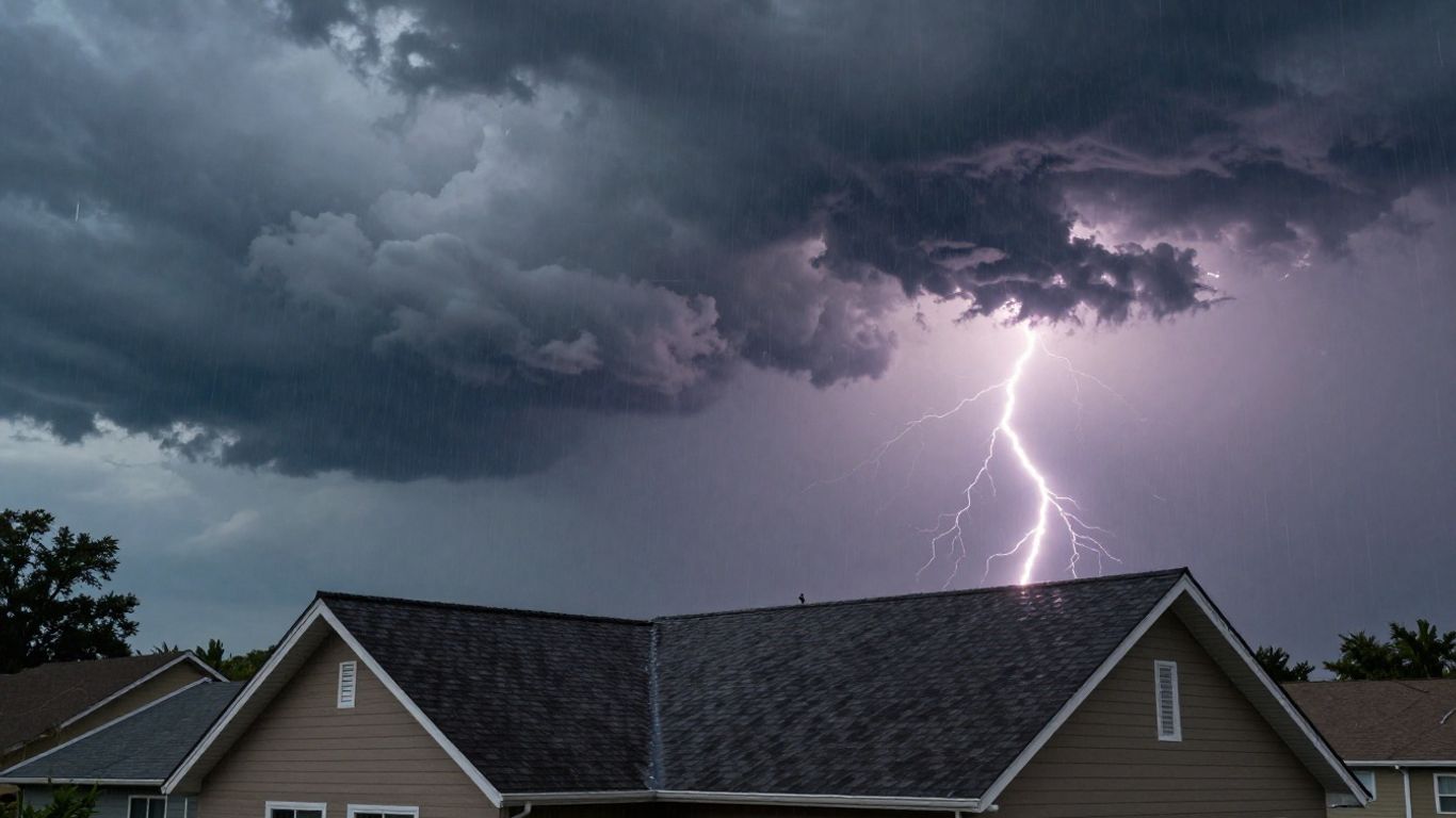 Storm clouds over a neighborhood with a visible roof.