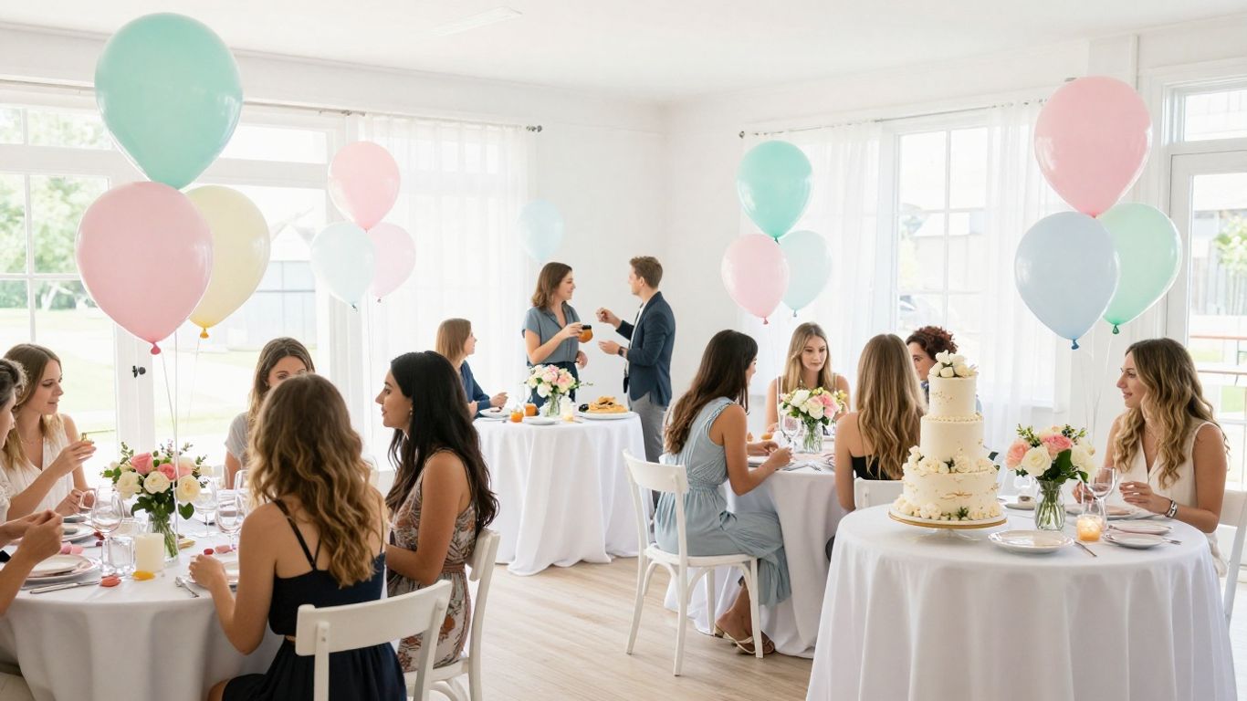 Elegant baby shower venue with balloons and floral decorations.