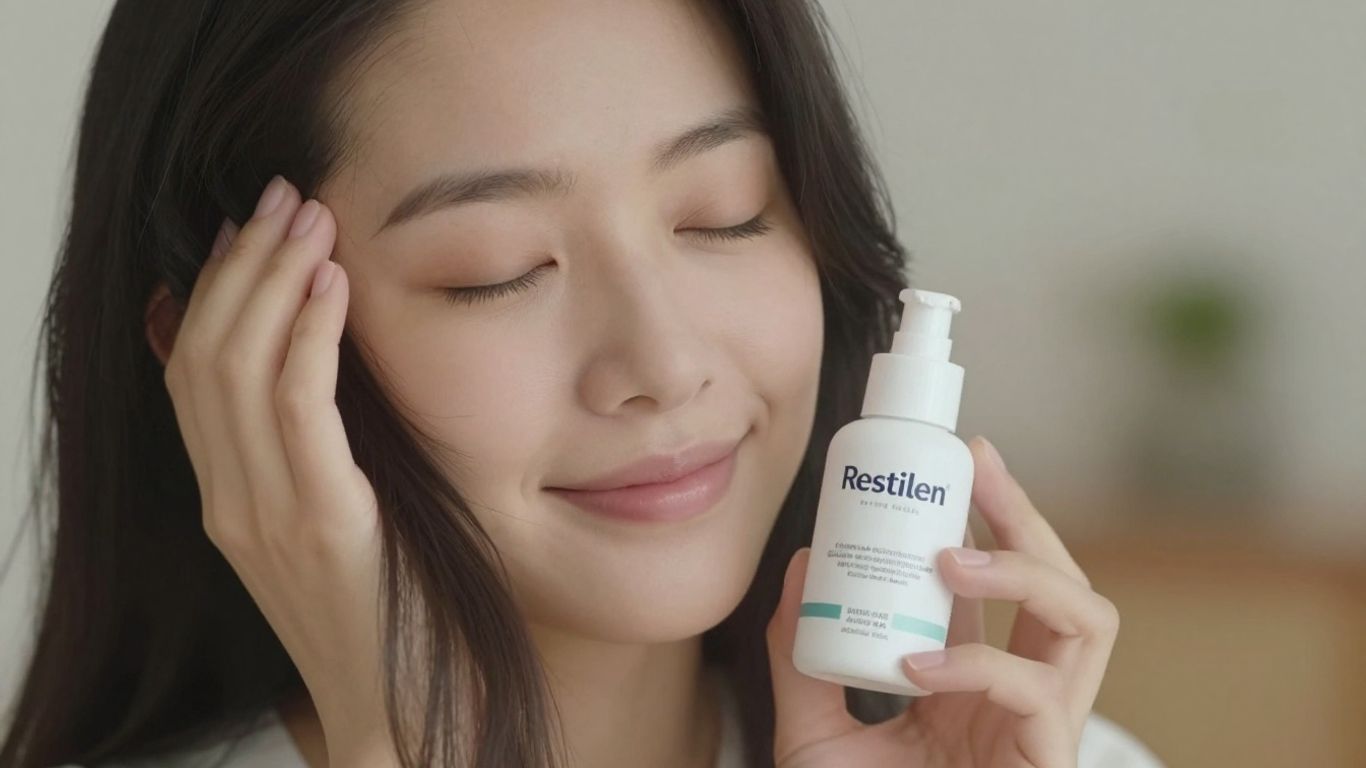 Restilen supplement bottle and a relaxed person.
