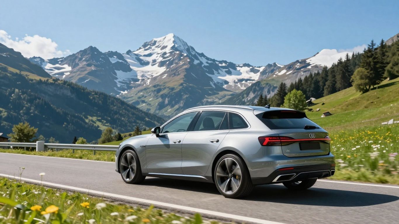 Schweizer Landschaft mit Auto und Bergen