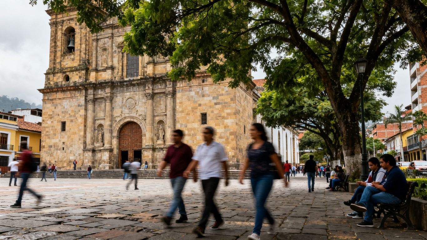 Visitors walking past a Medellín historic center church and plaza