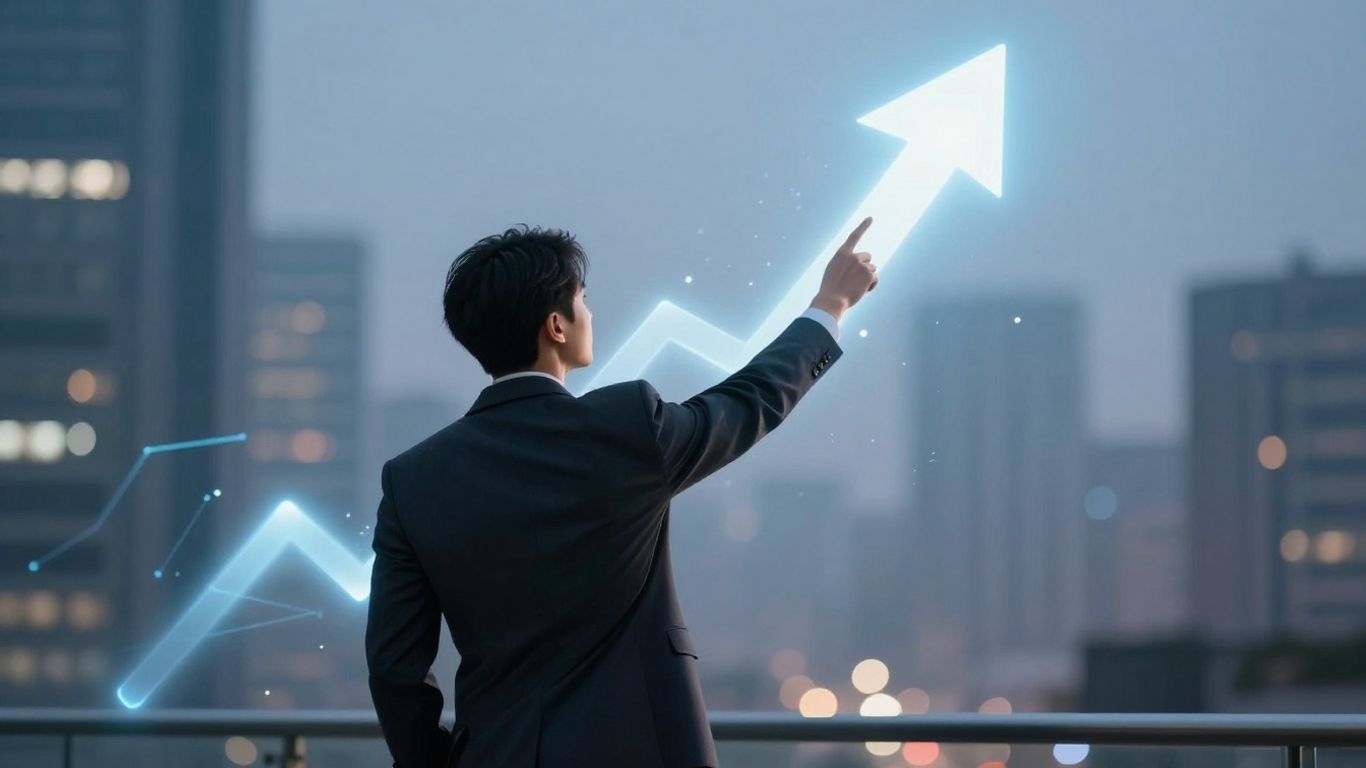 Business professional pointing to upward growth arrow.