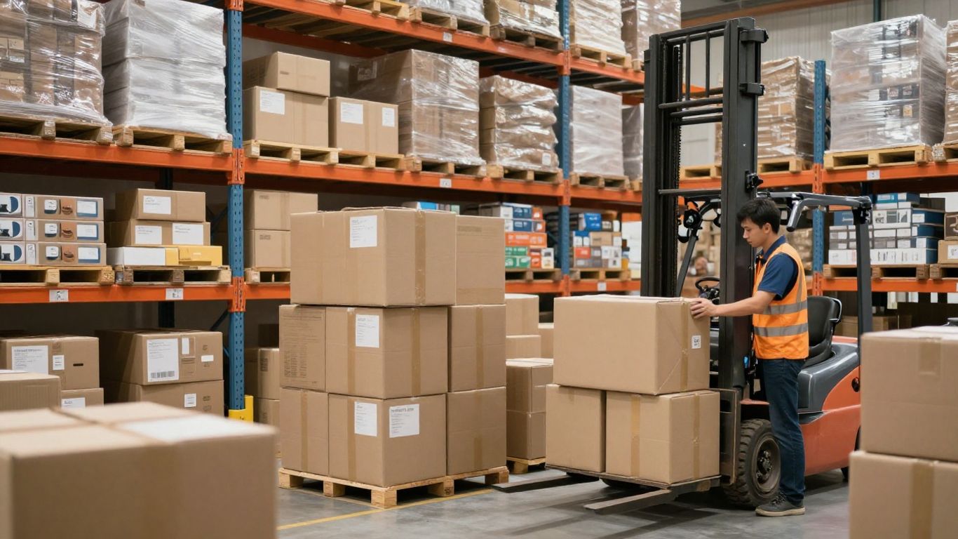 Amazon FBA Lager mit Paketen und Gabelstapler
