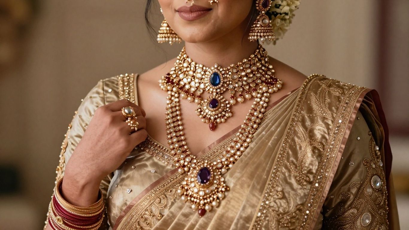 Bride in saree with traditional Indian bridal jewelry.