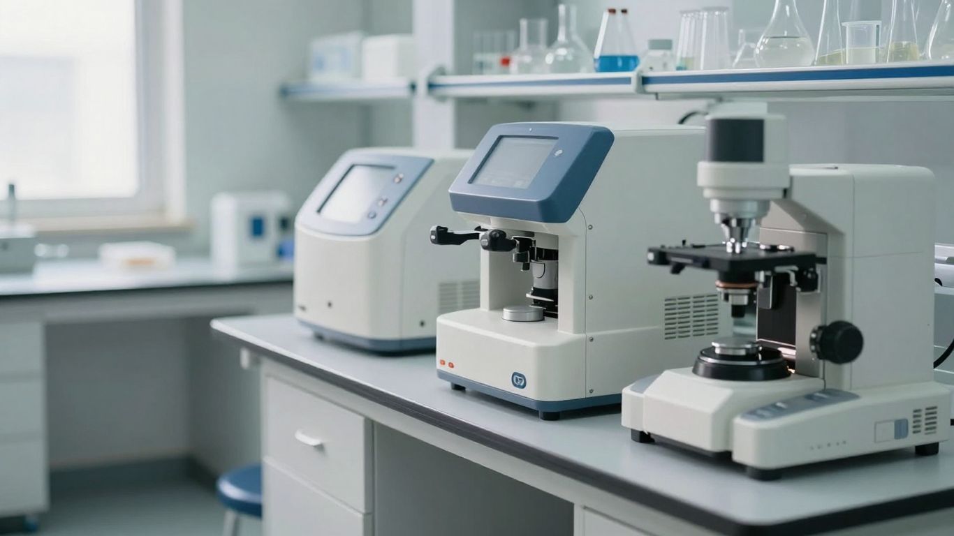Laboratoriemiljö med medicinsk utrustning och analysinstrument.