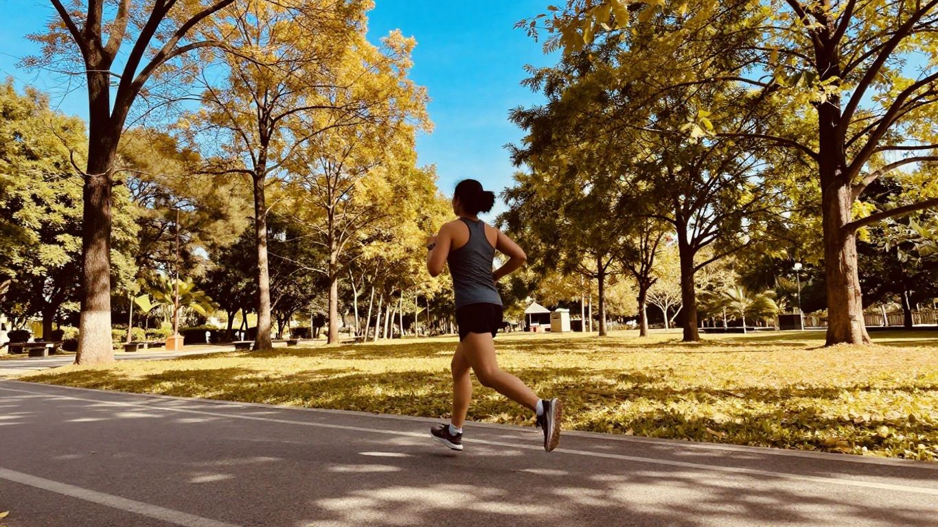 Person exercising outdoors on a sunny day.