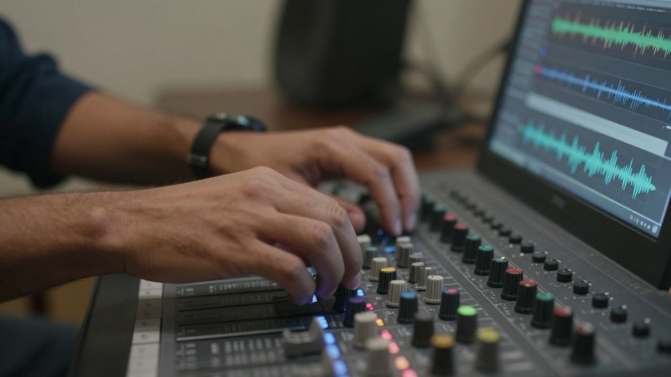 Mains éditant des pistes audio sur une console de mixage numérique.