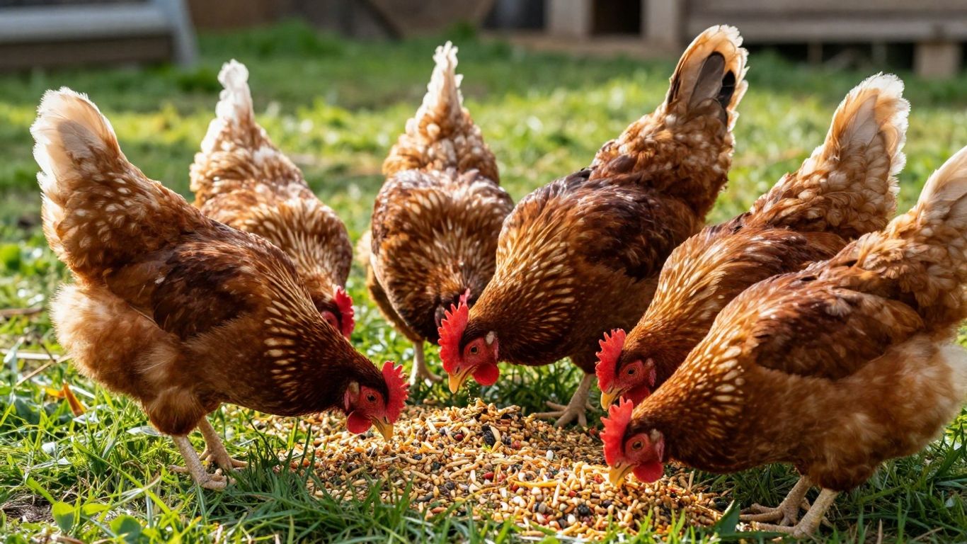 Zdrowe kurczaki jedzące suplementy paszowe
