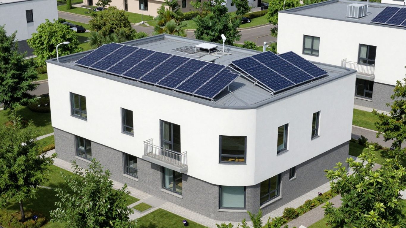 Municipal building with solar panels and updated windows.