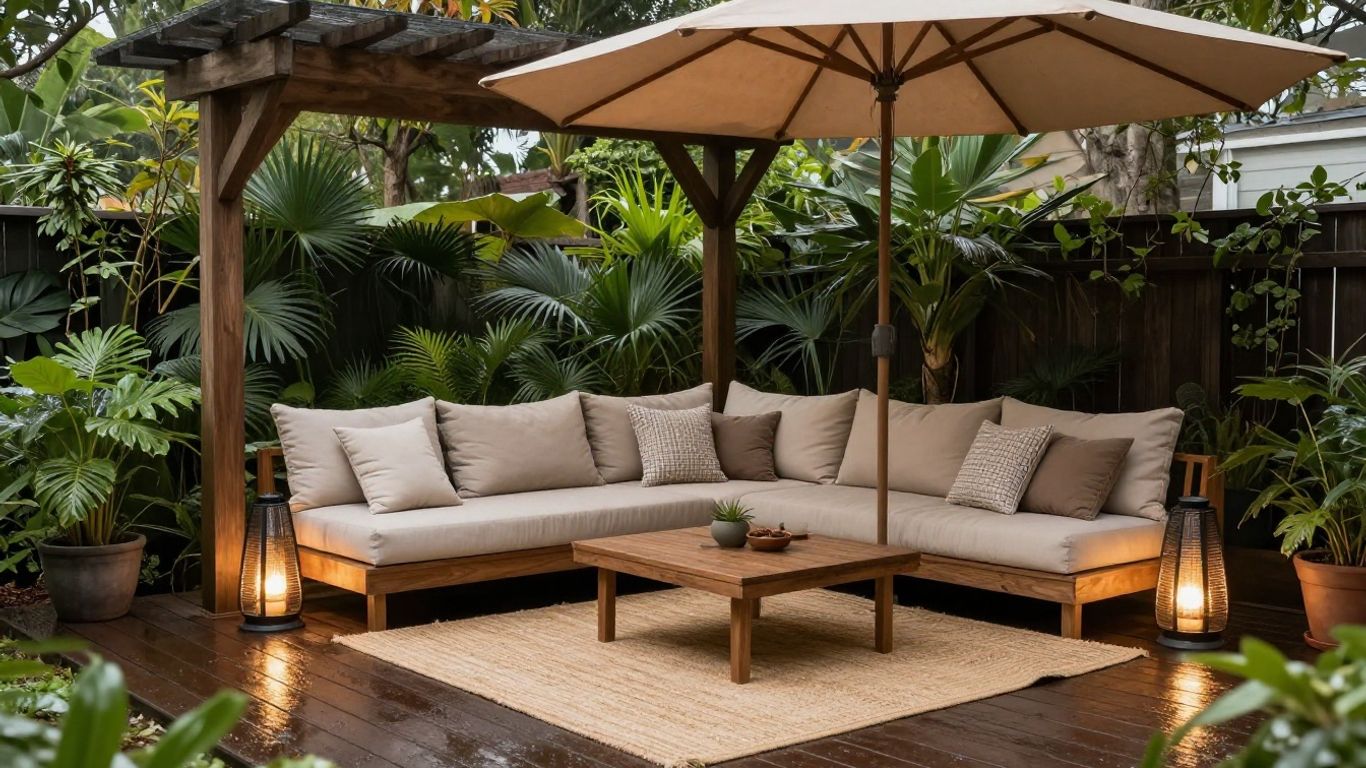 Layered outdoor cushions beneath a shaded pergola
