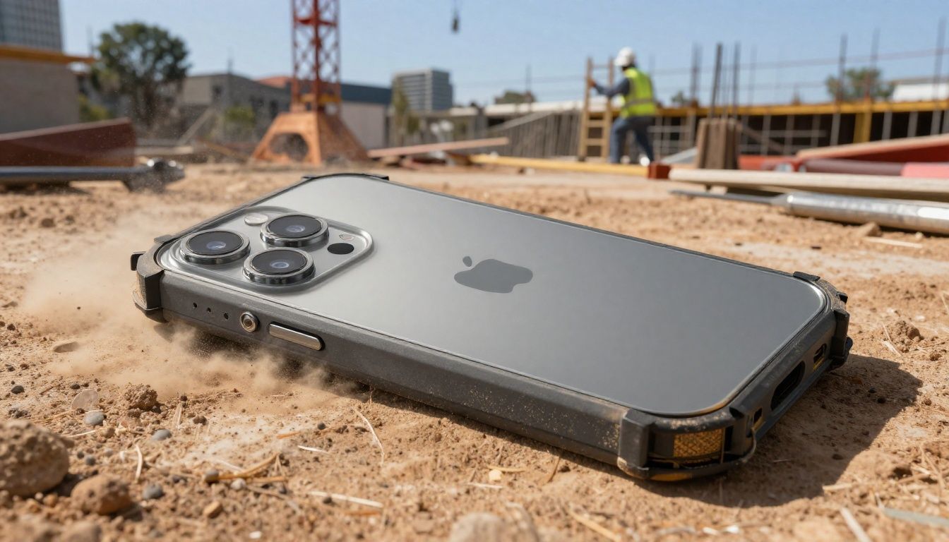 A construction worker in Australia using an iPhone 17 Pro in a rugged, dust-proof case on a building site.